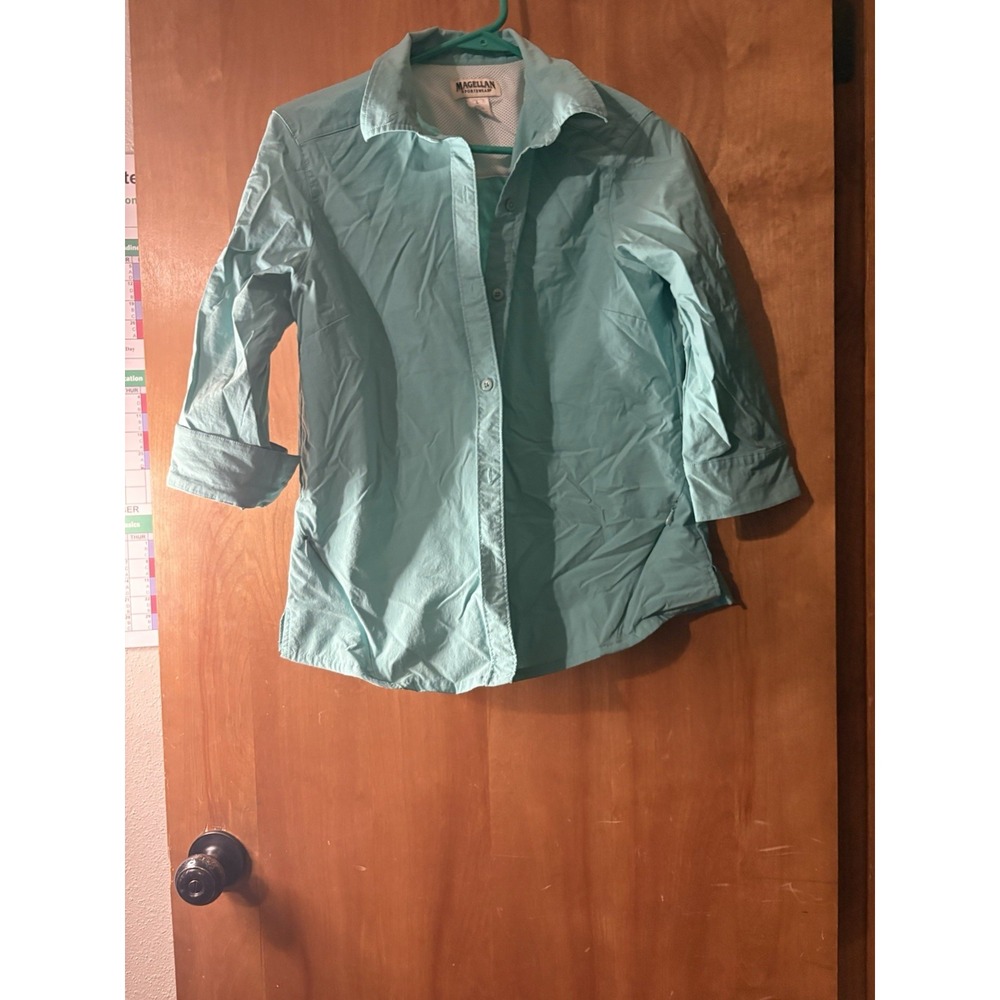 Magellan Sportswear Womens Large Aqua 3/4 Sleeve Hiking Fishing Shirt Mesh 6171
